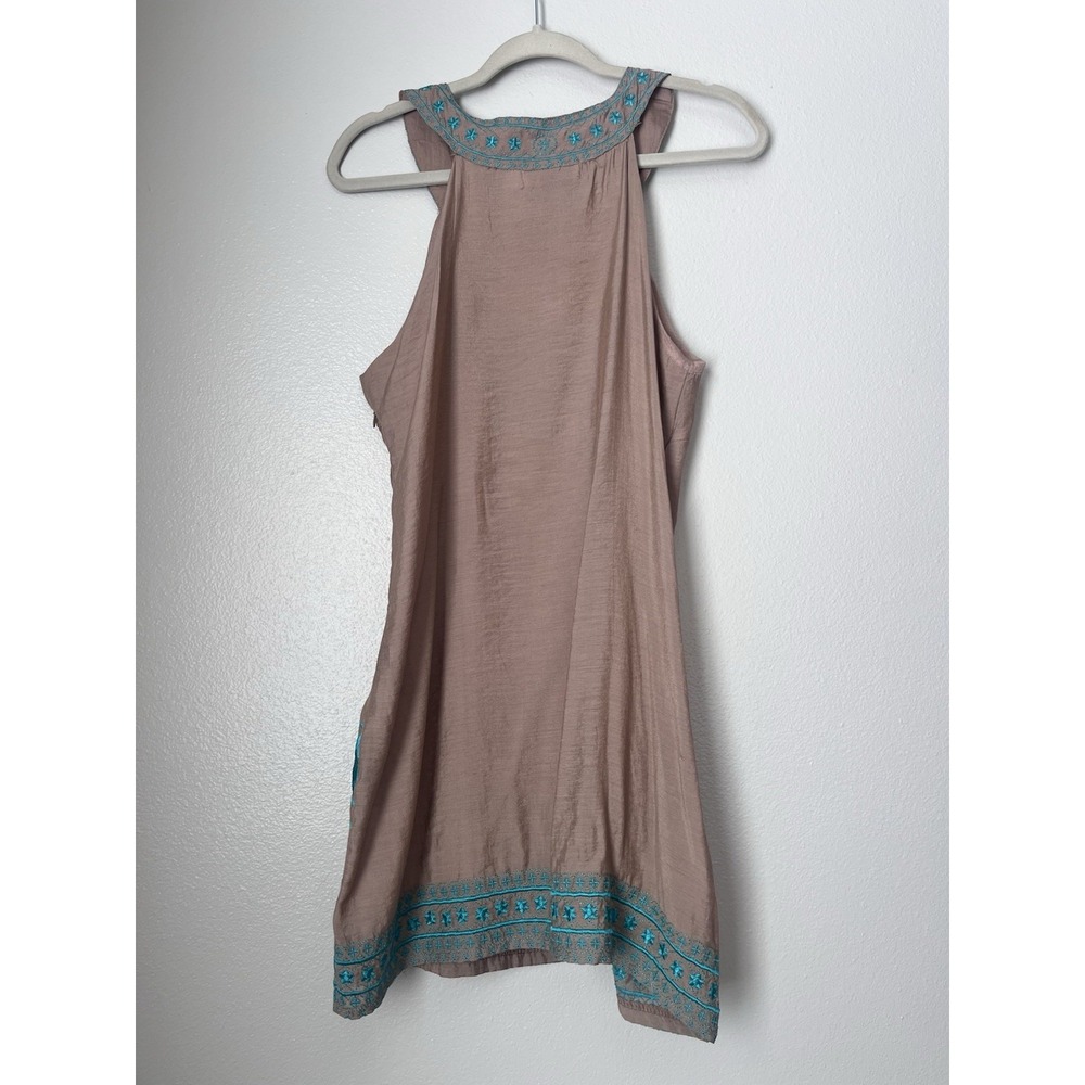 Urban Mangoz Women's M Sleeveless Dress Tan Turquoise Embroidered Casual Tunic - Picture 2 of 8